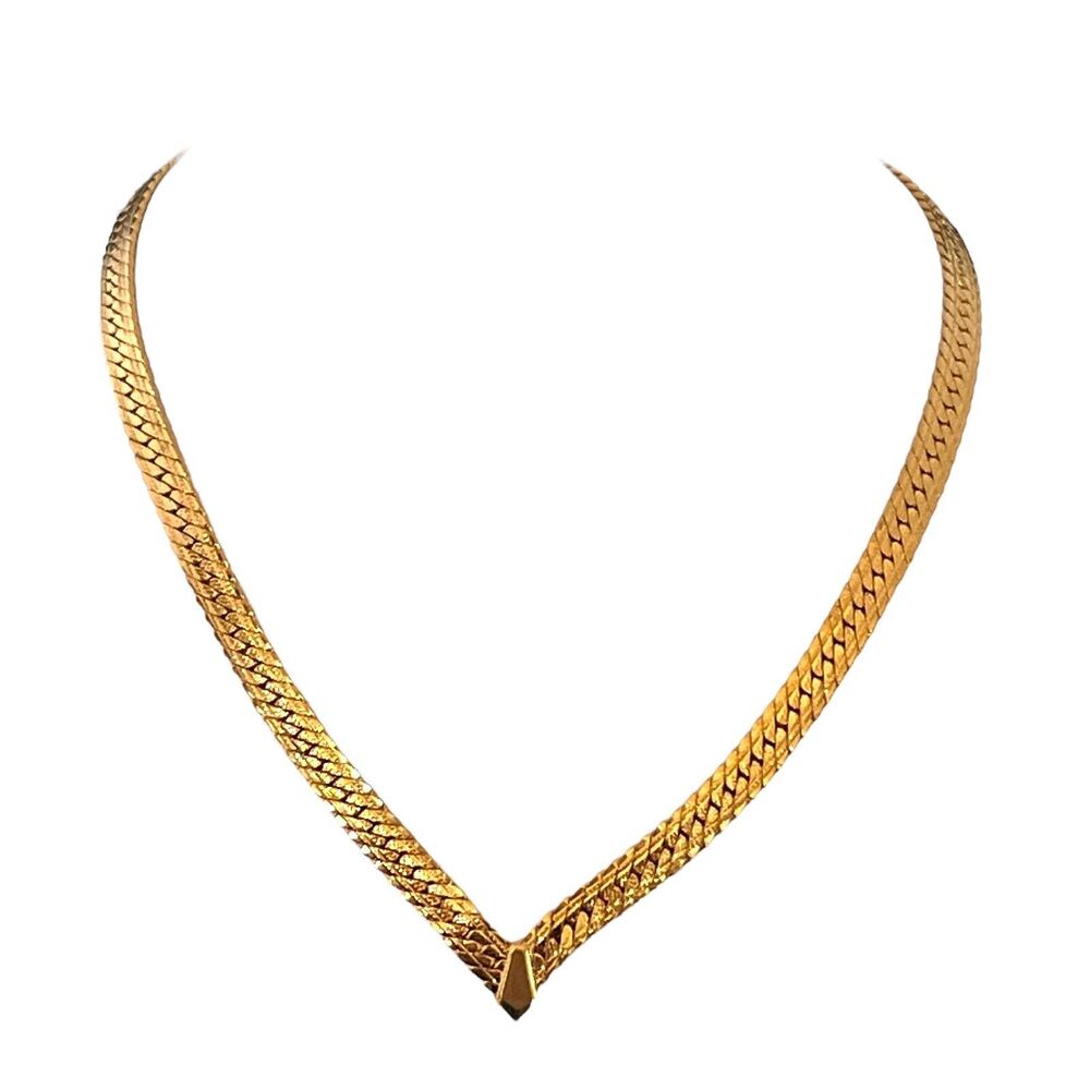 Vintage 1980s Napier Herringbone Necklace V Design Gold Tone 16.5 Inch - 6Q